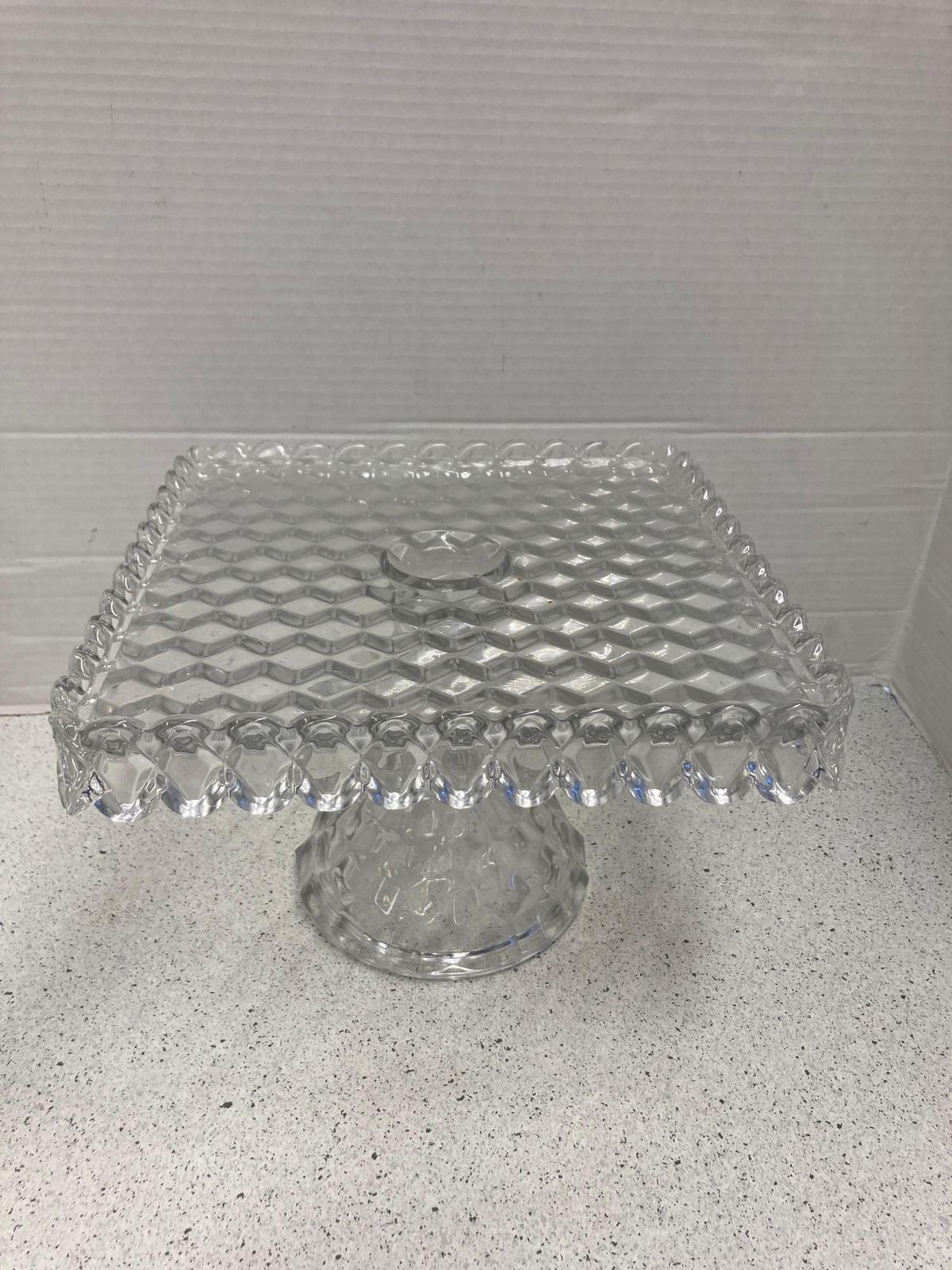 Fostoria American footed cake stand with Rum well