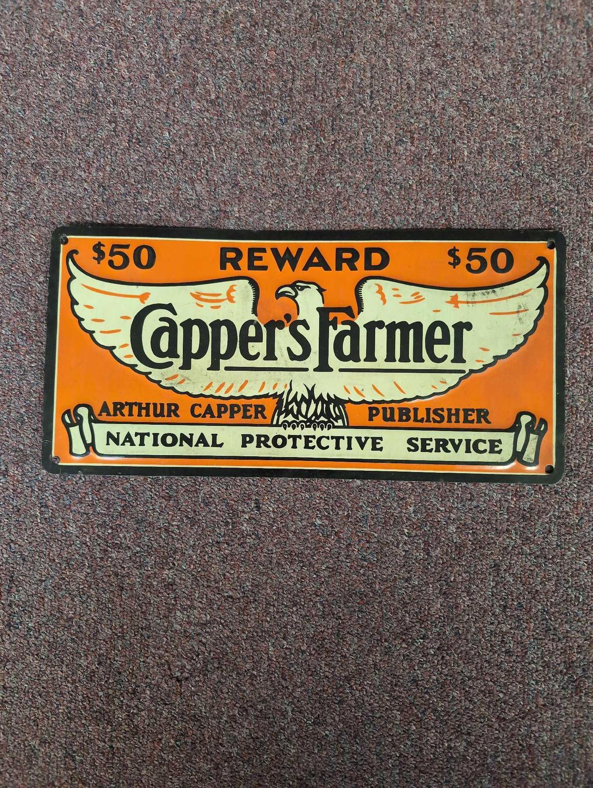 Cappers Farmer reward tin sign