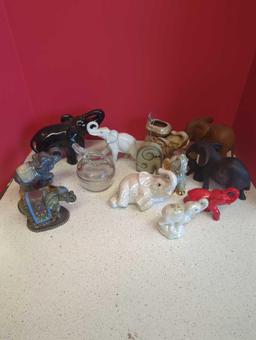 Elephant Figurines-- carver, trinket box, bank and more