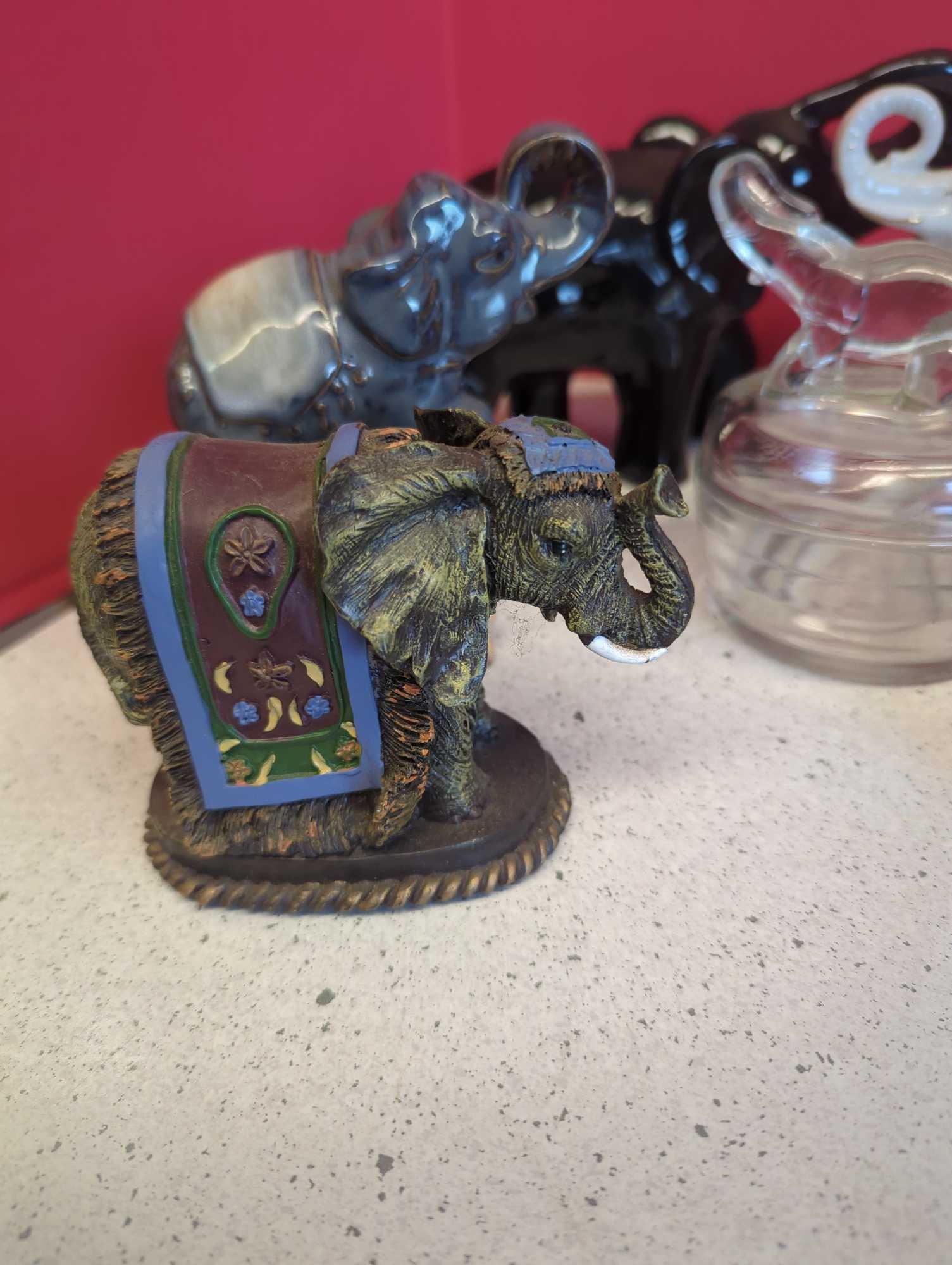 Elephant Figurines-- carver, trinket box, bank and more