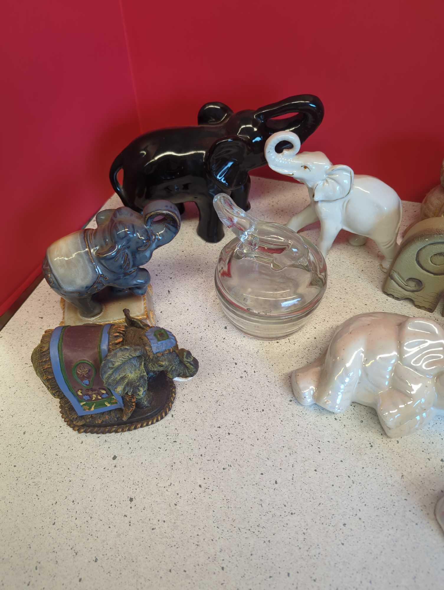 Elephant Figurines-- carver, trinket box, bank and more