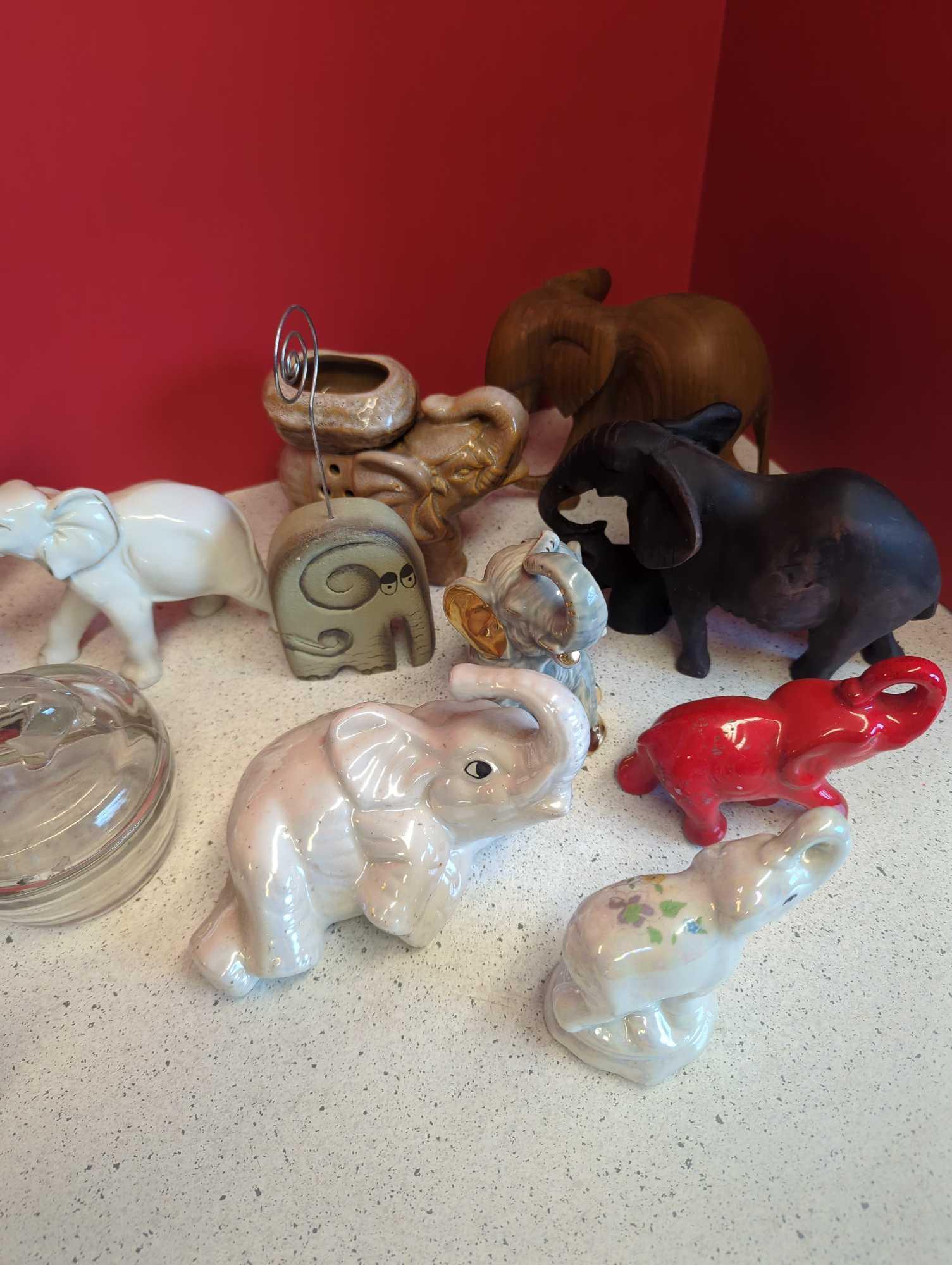 Elephant Figurines-- carver, trinket box, bank and more