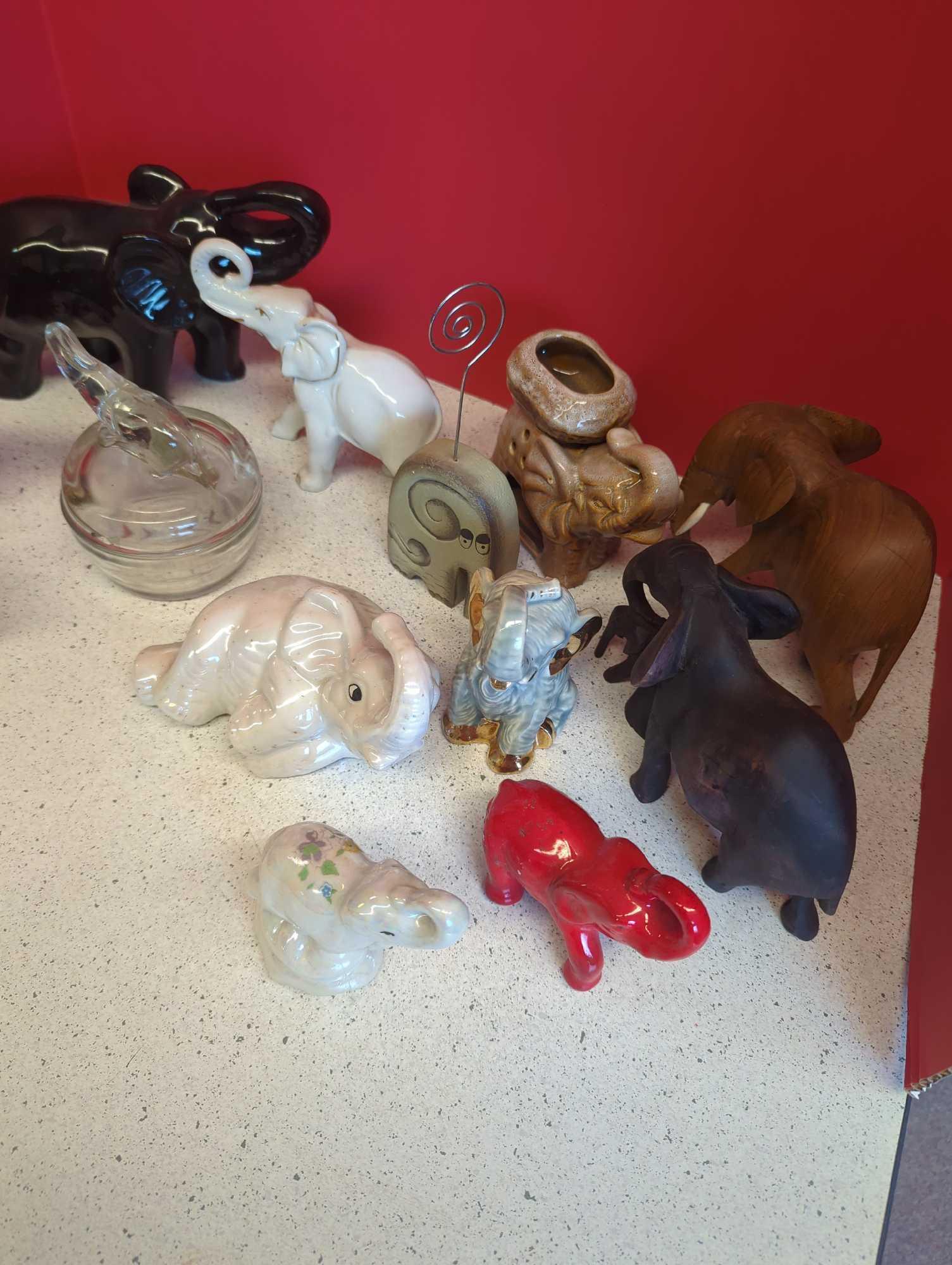 Elephant Figurines-- carver, trinket box, bank and more