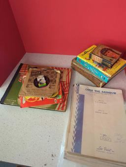 vintage sheet music, 45 DECCS records, books-- Tom Sawyer, Lennon sisters