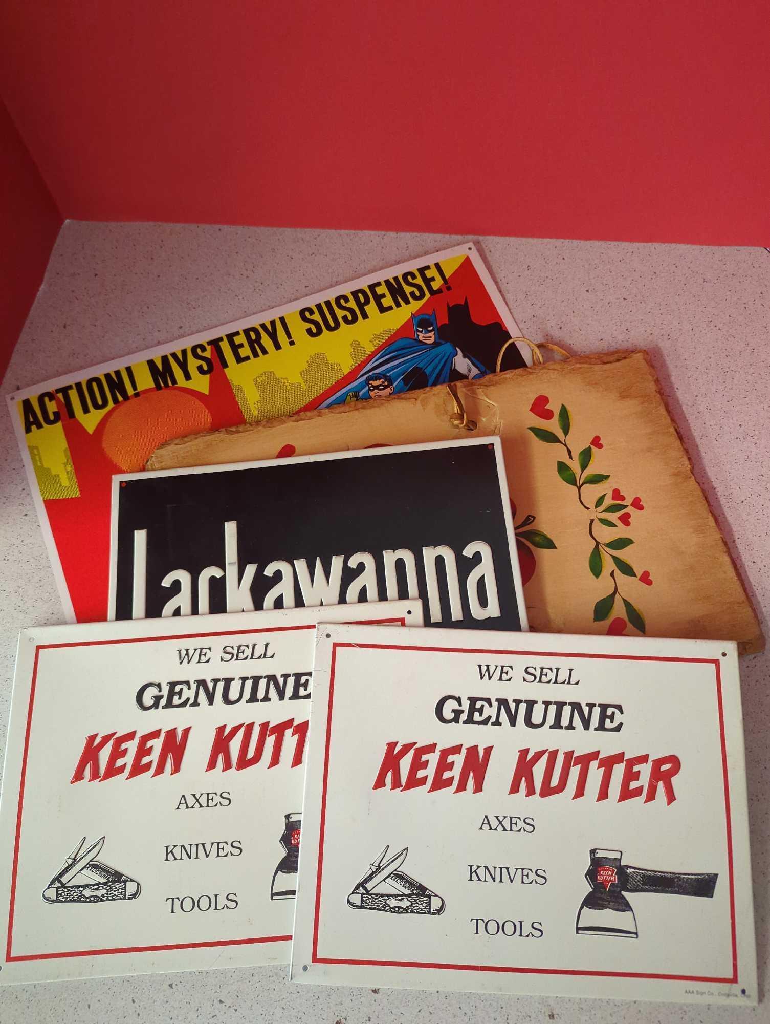 Tin signs-- Batman, Lackawanna railroad, Keen Kutter and slate sign apple
