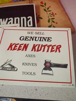 Tin signs-- Batman, Lackawanna railroad, Keen Kutter and slate sign apple
