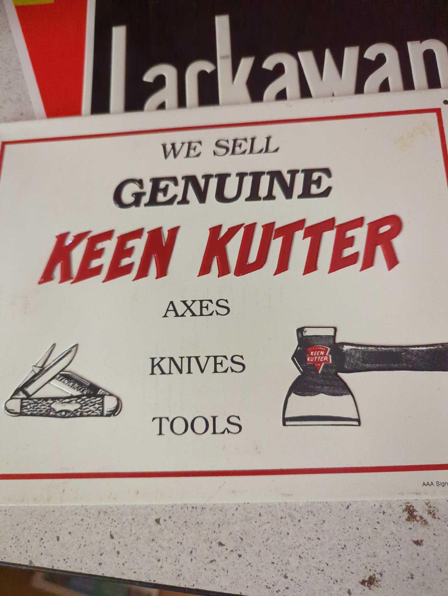 Tin signs-- Batman, Lackawanna railroad, Keen Kutter and slate sign apple