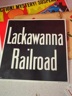 Tin signs-- Batman, Lackawanna railroad, Keen Kutter and slate sign apple