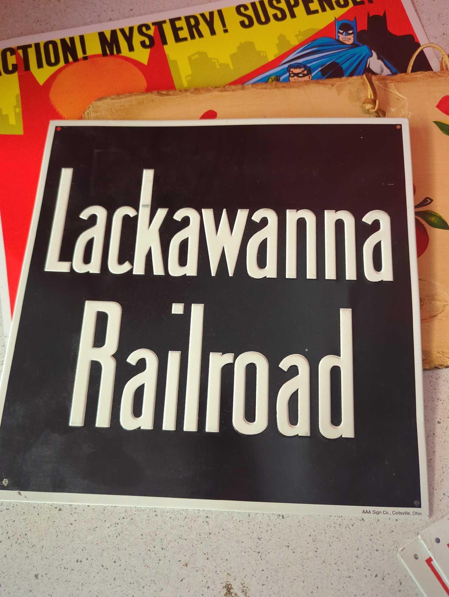 Tin signs-- Batman, Lackawanna railroad, Keen Kutter and slate sign apple