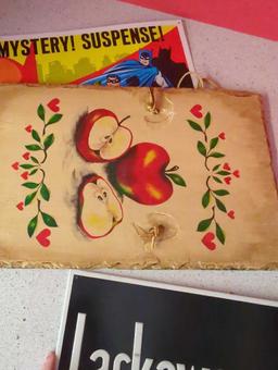 Tin signs-- Batman, Lackawanna railroad, Keen Kutter and slate sign apple