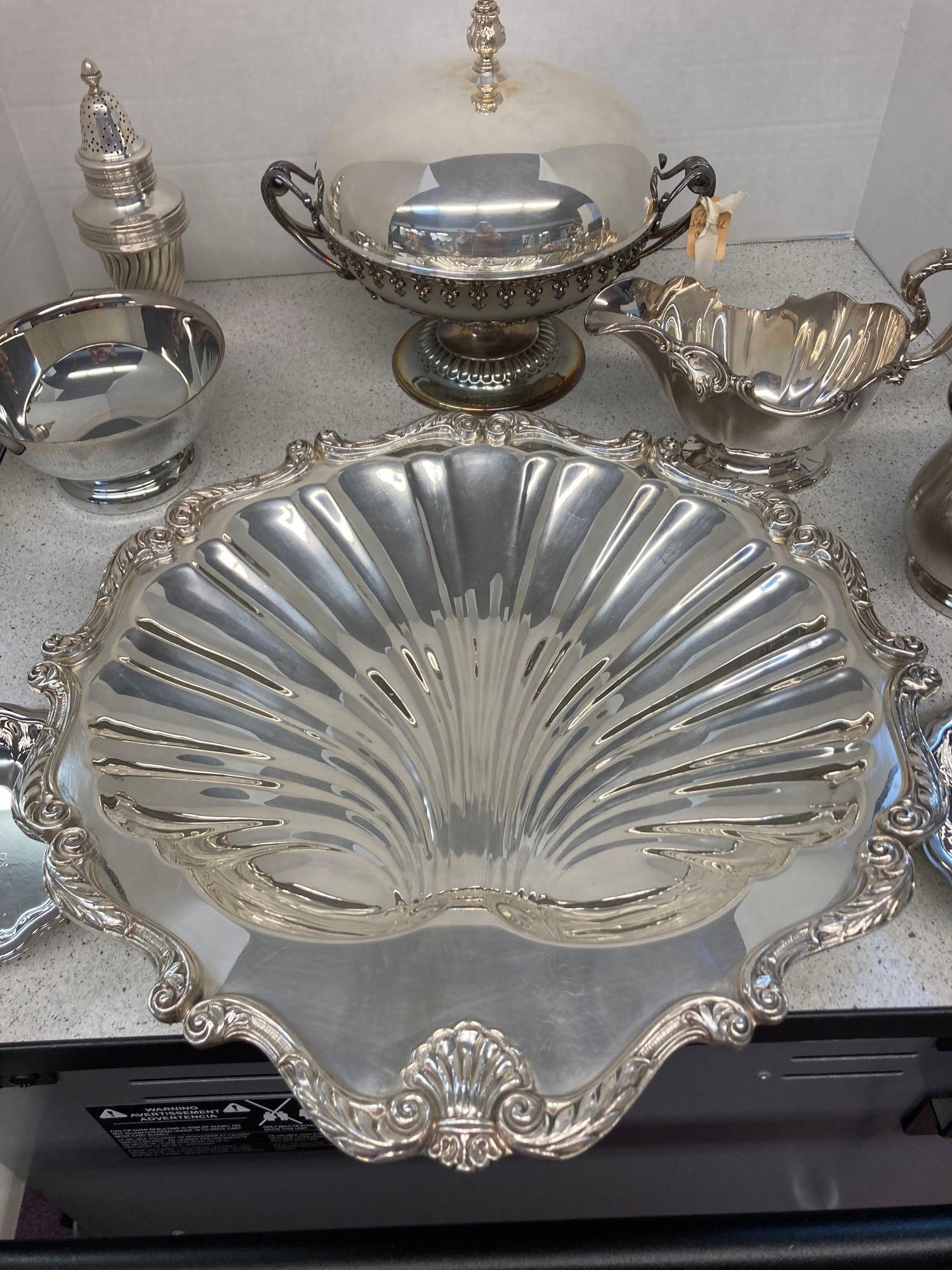 Old Sheffield chafing dish circa 1850 English silver shell dish Reed and Barton more