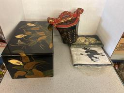 Japanese wooden box and bucket, and dog decor