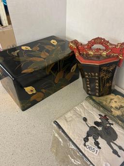 Japanese wooden box and bucket, and dog decor