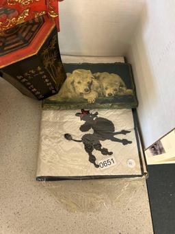 Japanese wooden box and bucket, and dog decor