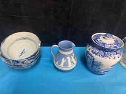 1880's flow blue water pitcher Wedgwood pitcher, Spode Italian porcelain pot, clear glass pitcher,