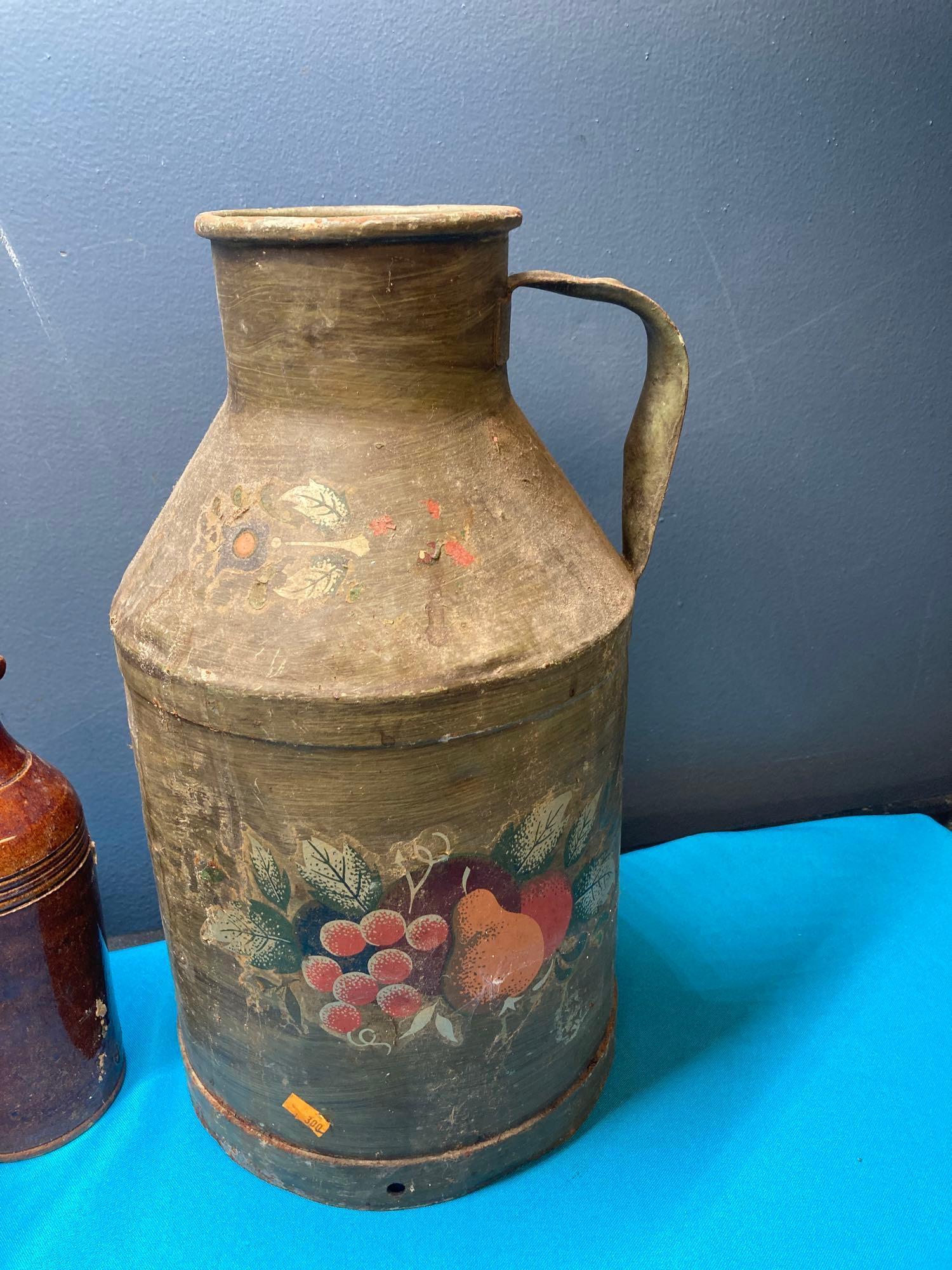 Vintage coffee pots, granite, and enamel cups and an old creamer