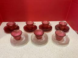 Ruby glass swirl demitasse cups and saucers