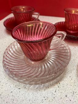 Ruby glass swirl demitasse cups and saucers