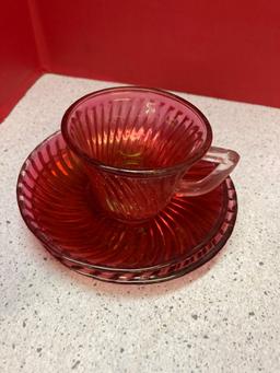 Ruby glass swirl demitasse cups and saucers