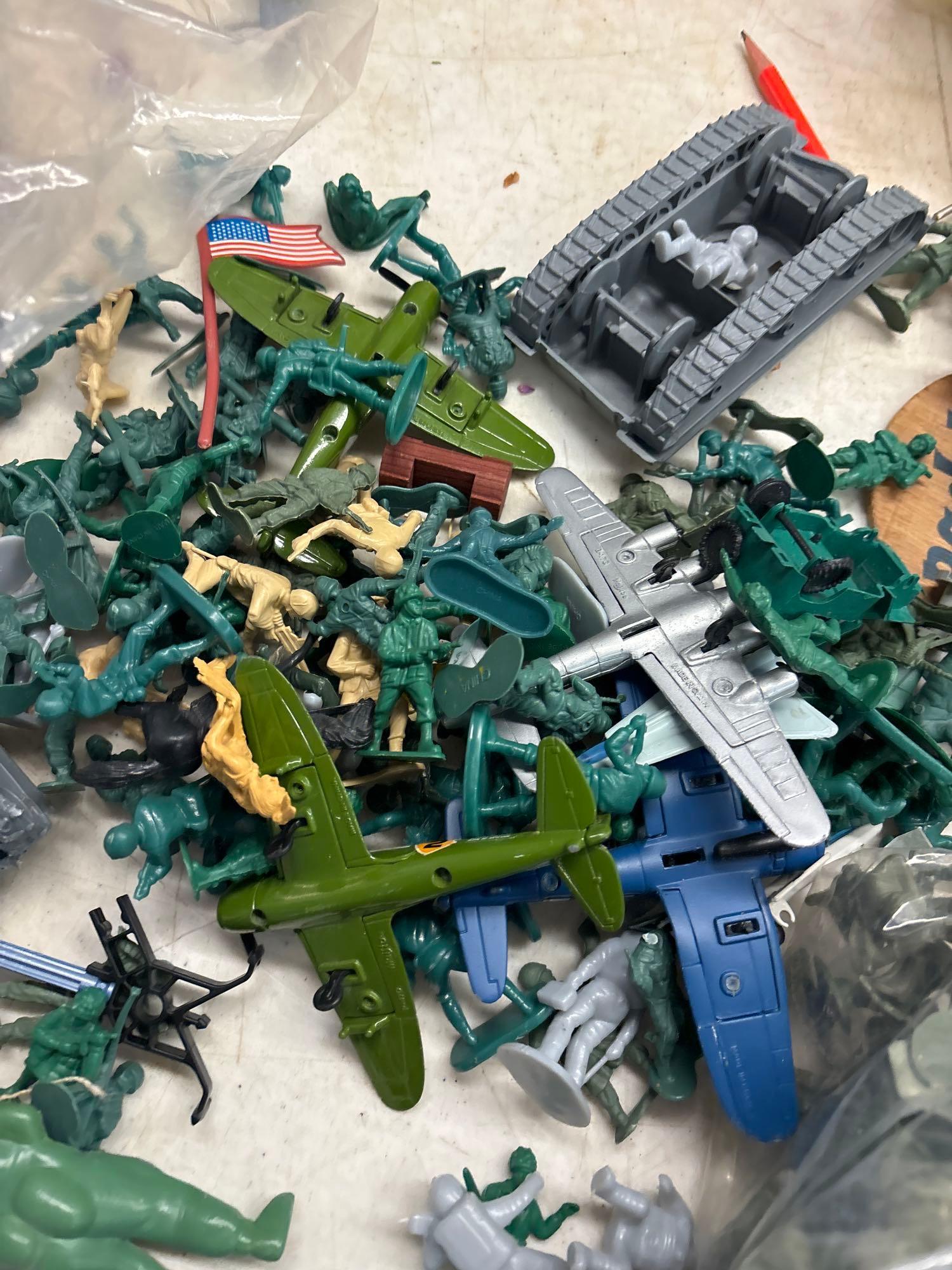 vintage toys army men Iron Man Power Rangers noisemakers dominoes etc.