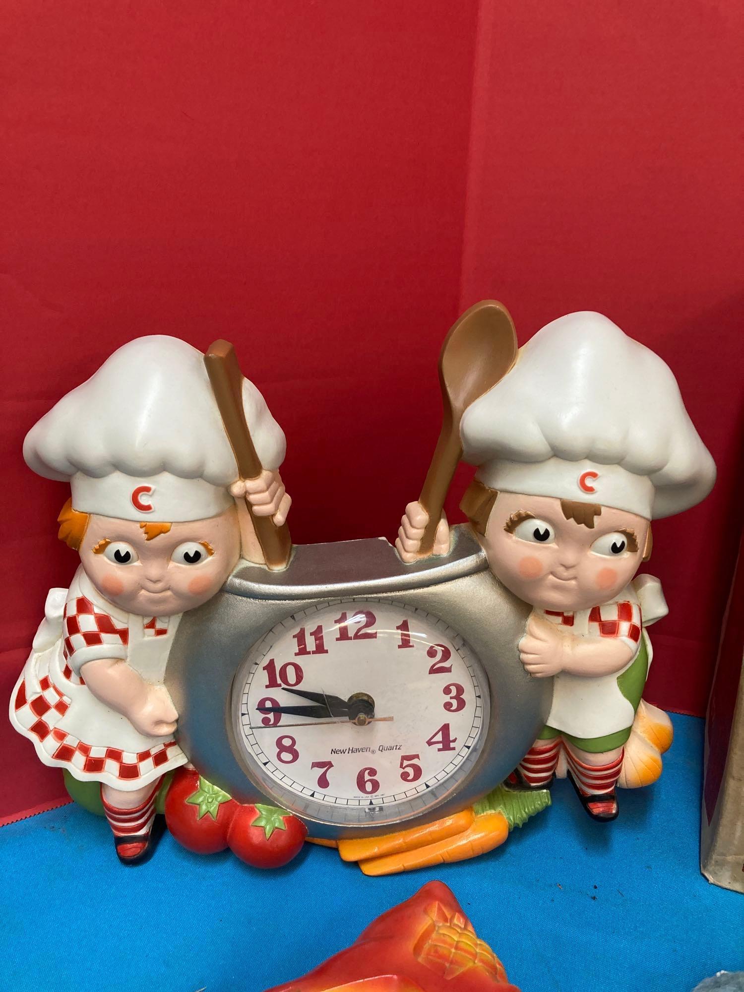 Vintage lot Campbell Soup kids clock, chalkware, memo, pad, anchor, hocking, refreshments, a new old