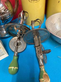 Vintage kitchen items, canisters, coffee, pot, hand beaters