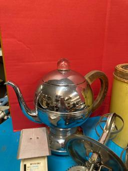 Vintage kitchen items, canisters, coffee, pot, hand beaters