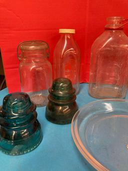 Vintage milk bottles, insulators lusterware pitcher and more