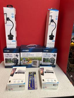 2 rechargeable fans, rechargeable cooler, phone mounts and head rests