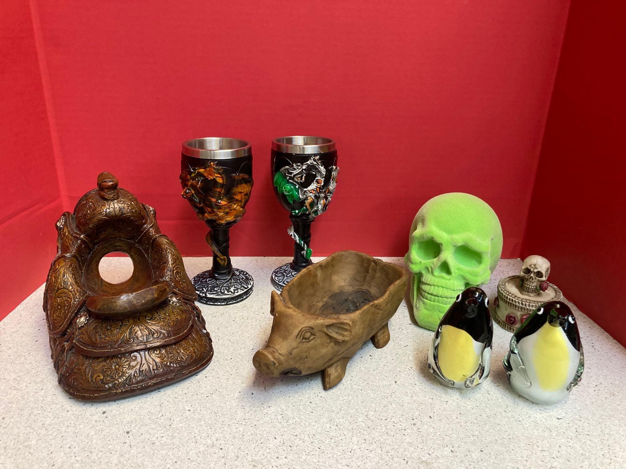 Skull chalices resin pig glass penguins more