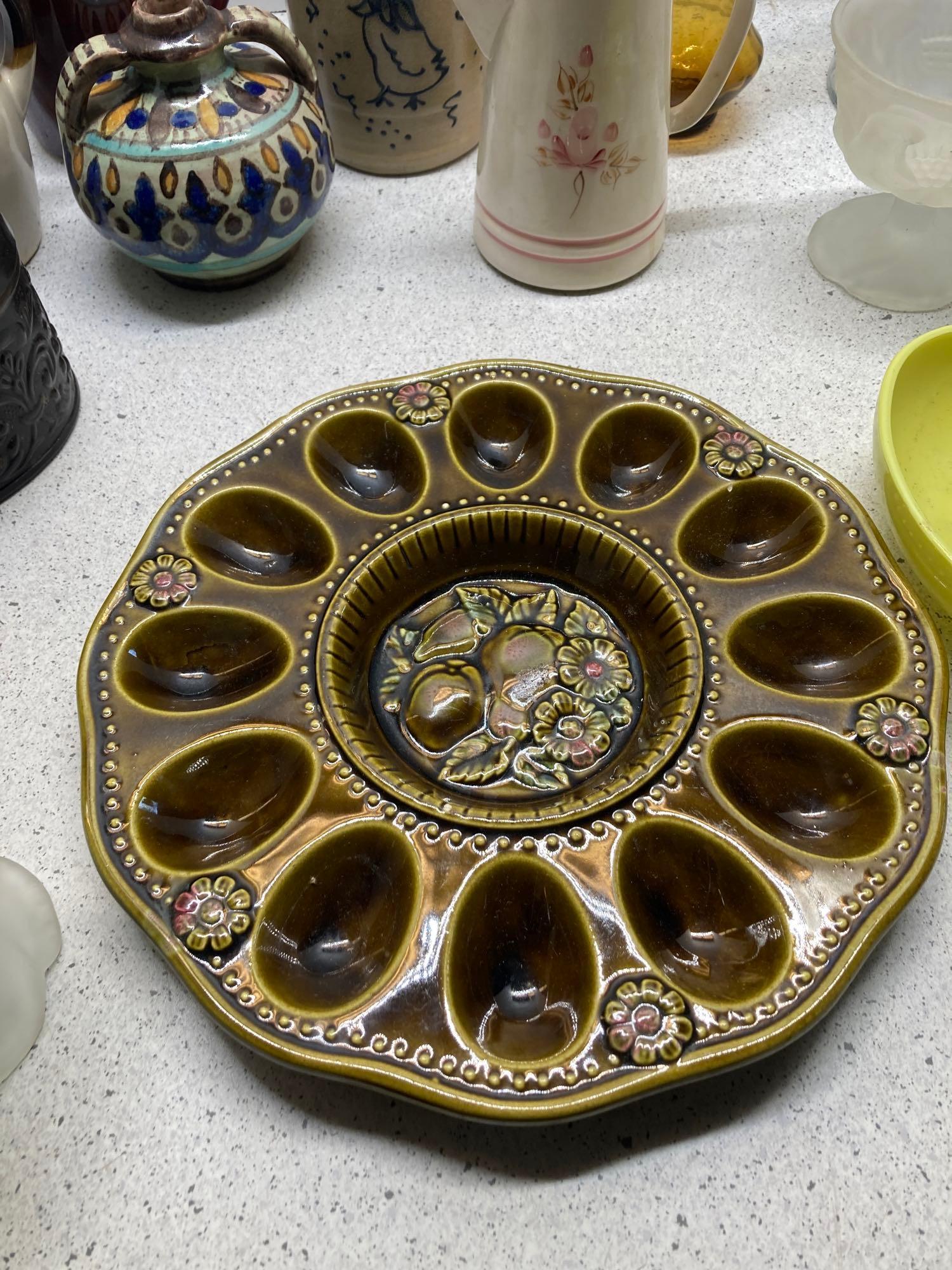 Mid century egg plate, pottery items, glassware and more