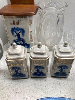 Blue Delft canisters, carnival glass, art glass bowl, glassware, and more