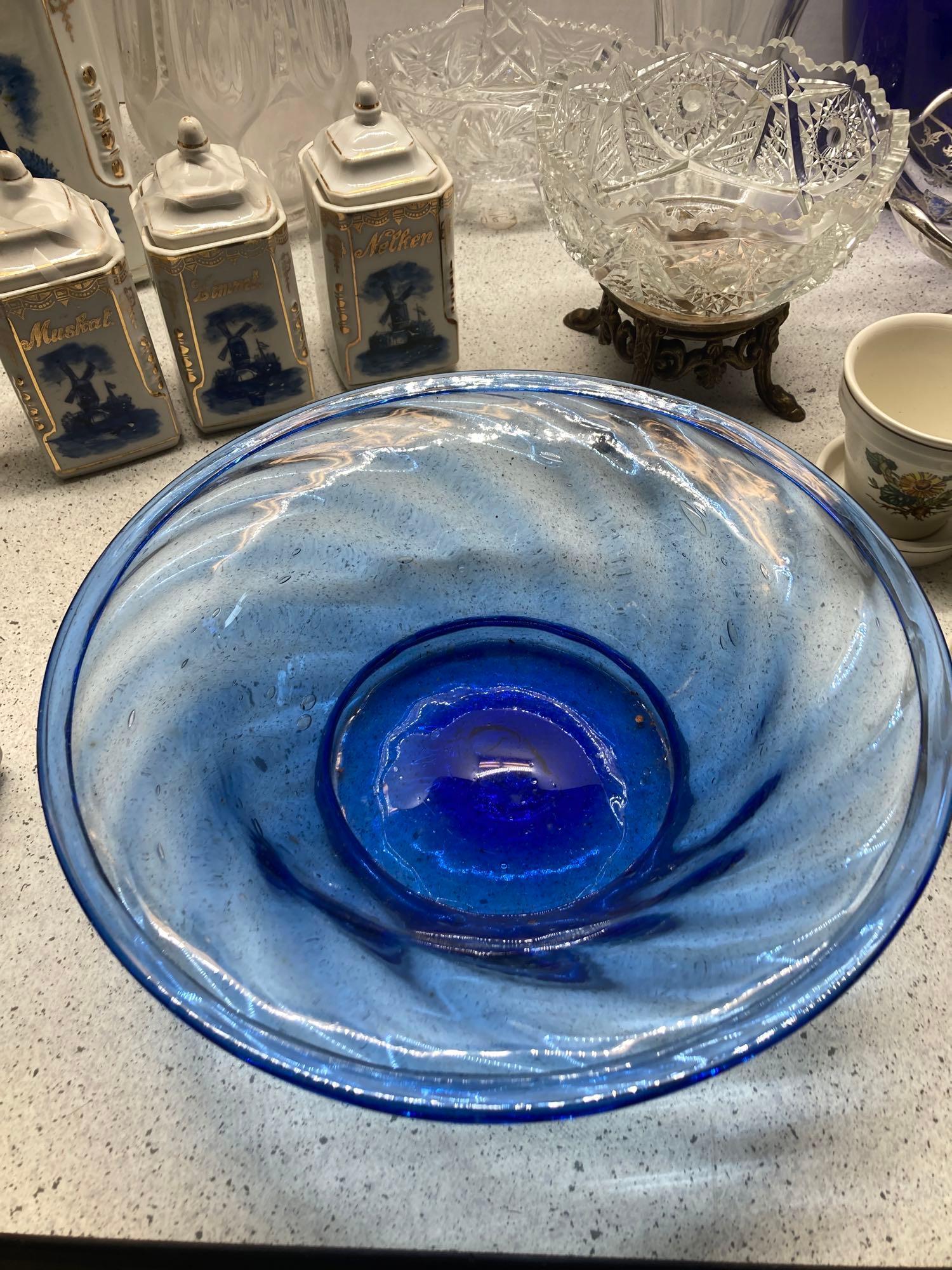 Blue Delft canisters, carnival glass, art glass bowl, glassware, and more