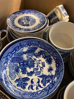 Blue willow dish set and other dishes