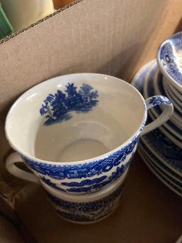 Blue willow dish set and other dishes