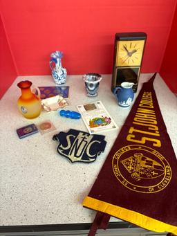 st. John College pennant desk clock slag glass pilgrim glass etc.