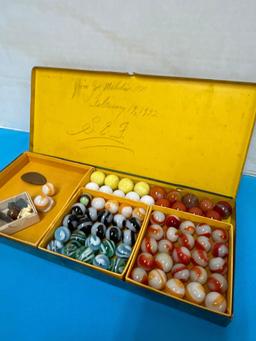 original 1932 AKRO AGATES marble set w/ case