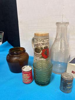 Centage lunchbox with thermos cigar box, milk, bottle, miscellaneous glass