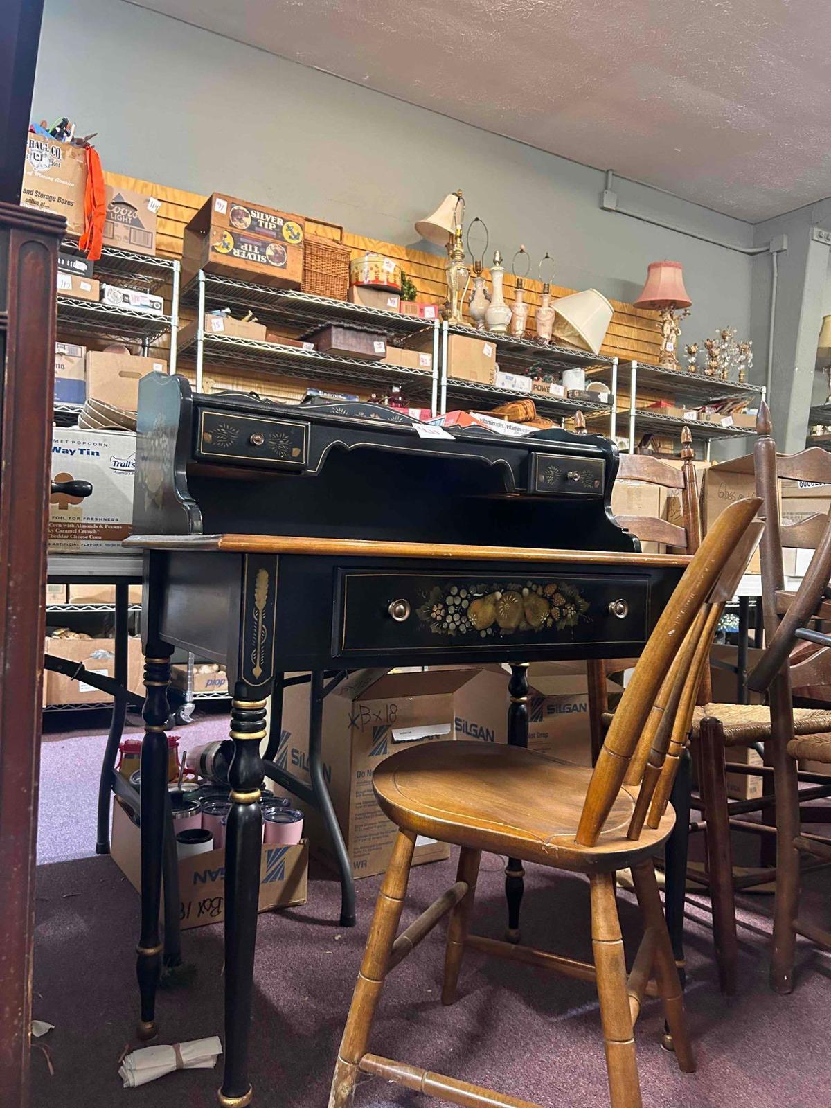 Black desk with maple top and maple chair