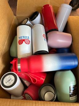 large box of insulated stainless cups w/ lids thermoses