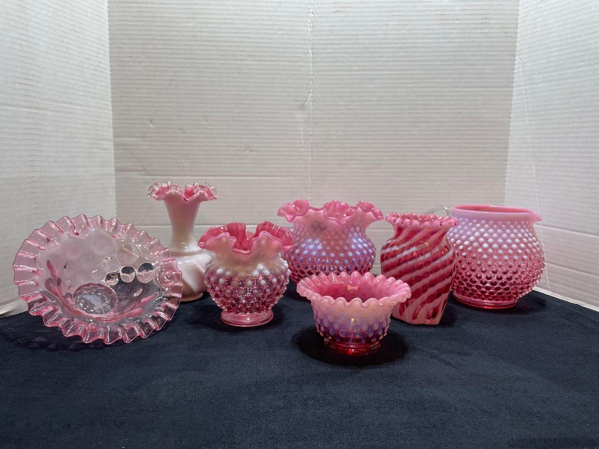 Fenton cranberry opalescent hobnail and swirl ruffled edge vases, pitcher and bowl