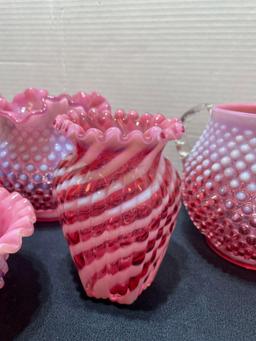 Fenton cranberry opalescent hobnail and swirl ruffled edge vases, pitcher and bowl