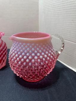 Fenton cranberry opalescent hobnail and swirl ruffled edge vases, pitcher and bowl