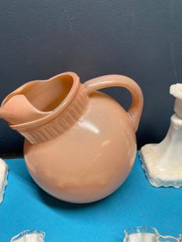 Anchor hocking peach pitcher, white milk glass, and other glassware