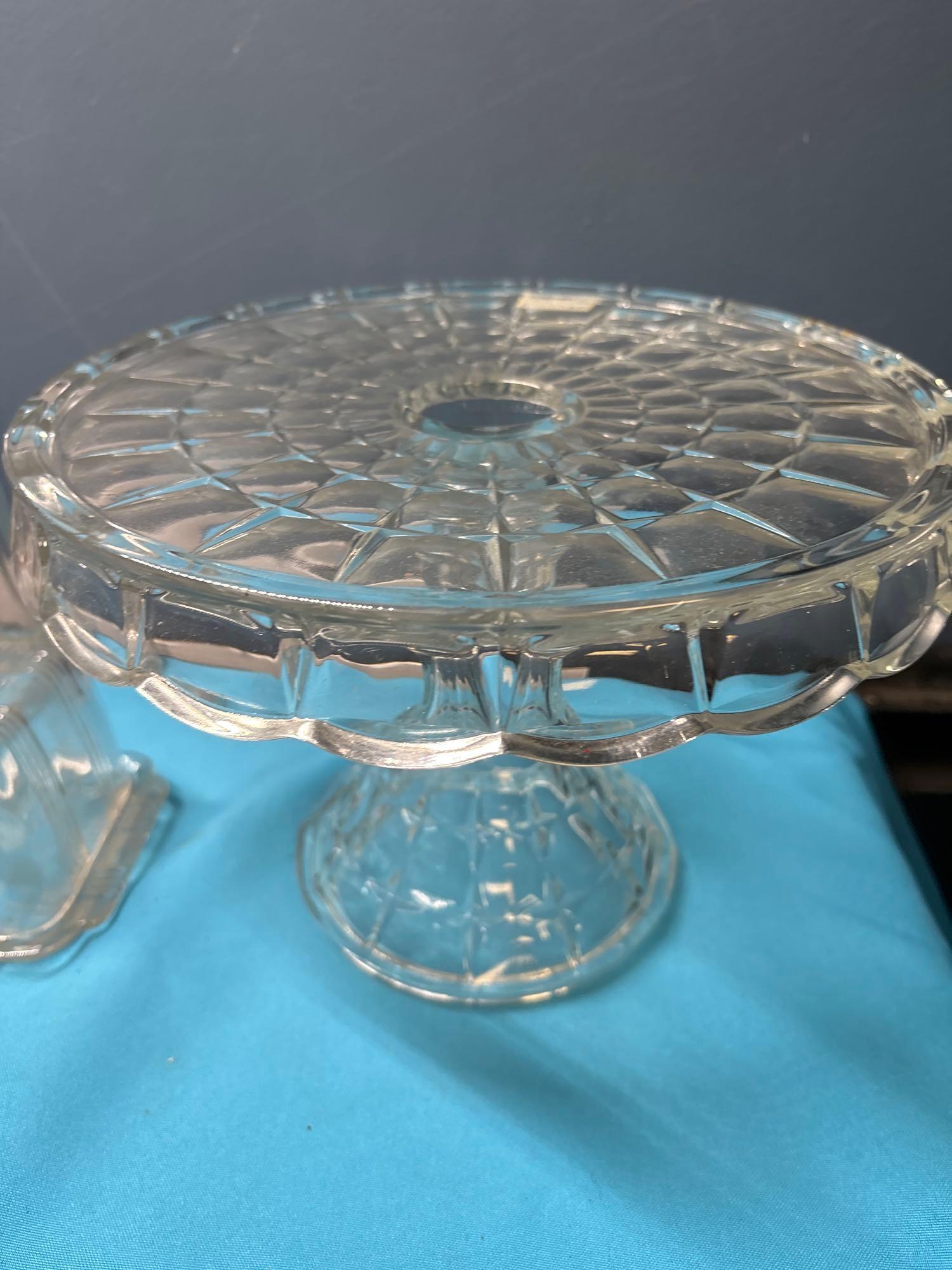Glass cake stand ball pitcher condiment tray large covered butter three boxes full