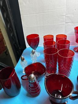 Ruby red hobnail glass set large collection of Ruby red glass