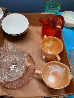 miscellaneous porcelain plates orange glass lid collector plates iridescent glass