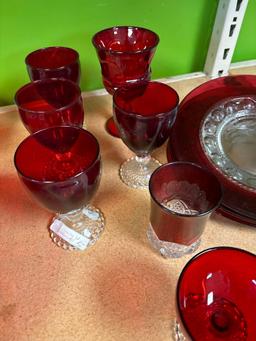 Moon and stars cake plate Ruby red baskets glasses etc.