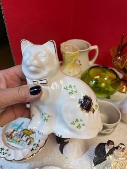 Lefton bride and groom bells, Tara porcelain cat other porcelain and glass pieces