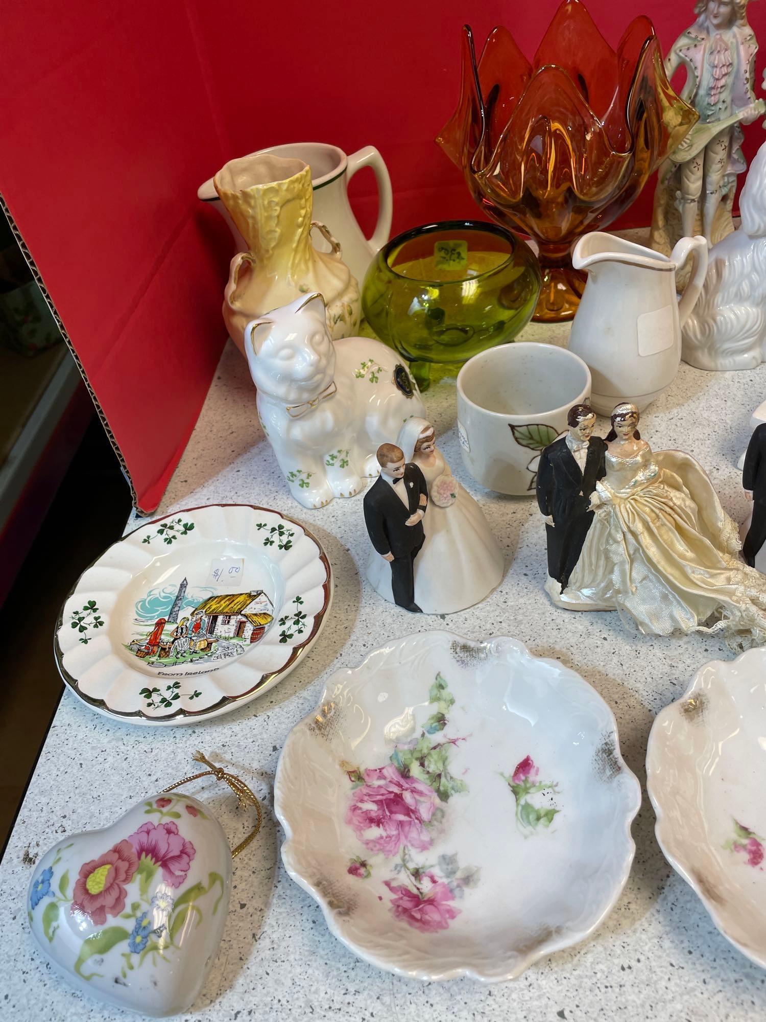 Lefton bride and groom bells, Tara porcelain cat other porcelain and glass pieces